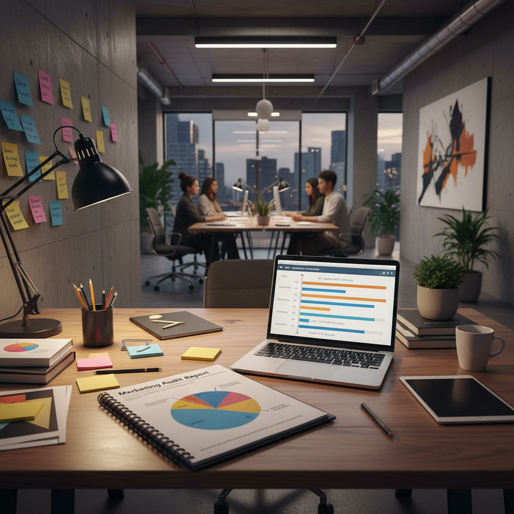 Marketing strategist desk with audit report and roadmap