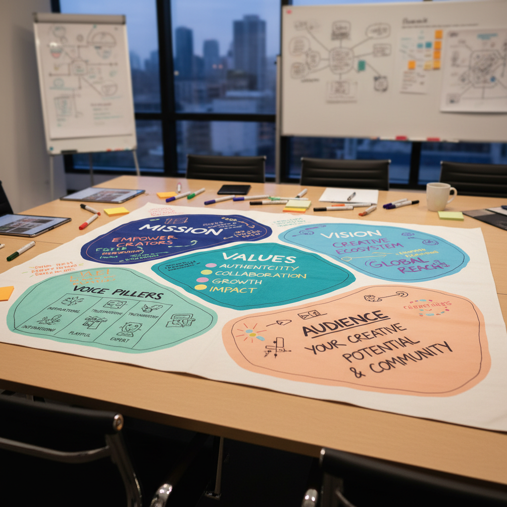 MirrorBranding workshop output brand articulation canvas with mission vision values and voice pillars