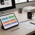 Brand assessment worksheet on tablet with scoring system and brand identity checklist
