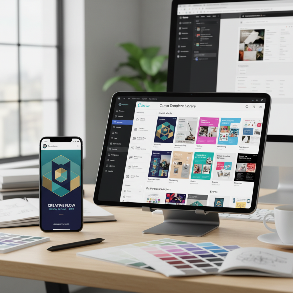 Smartphone showing Instagram post design with tablet displaying Canva template library