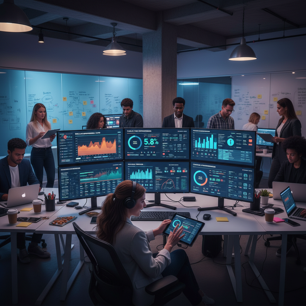 Media buying command center with multiple screens showing live campaign dashboards and real-time performance metrics