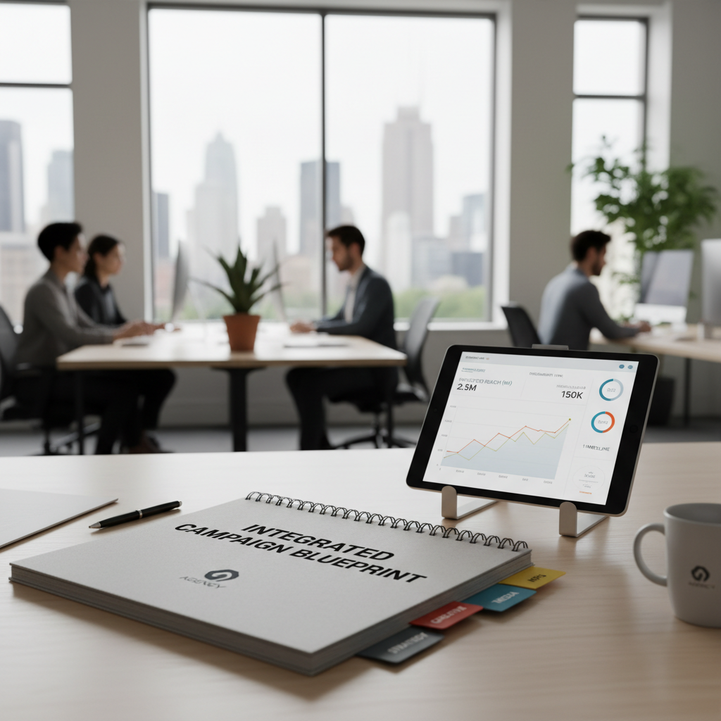 Professionally printed Integrated Campaign Blueprint document with campaign dashboard