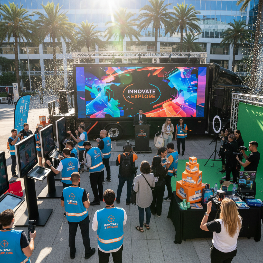 Branded experiential activation with digital truck brand ambassadors interactive displays photo booth and energetic crowd
