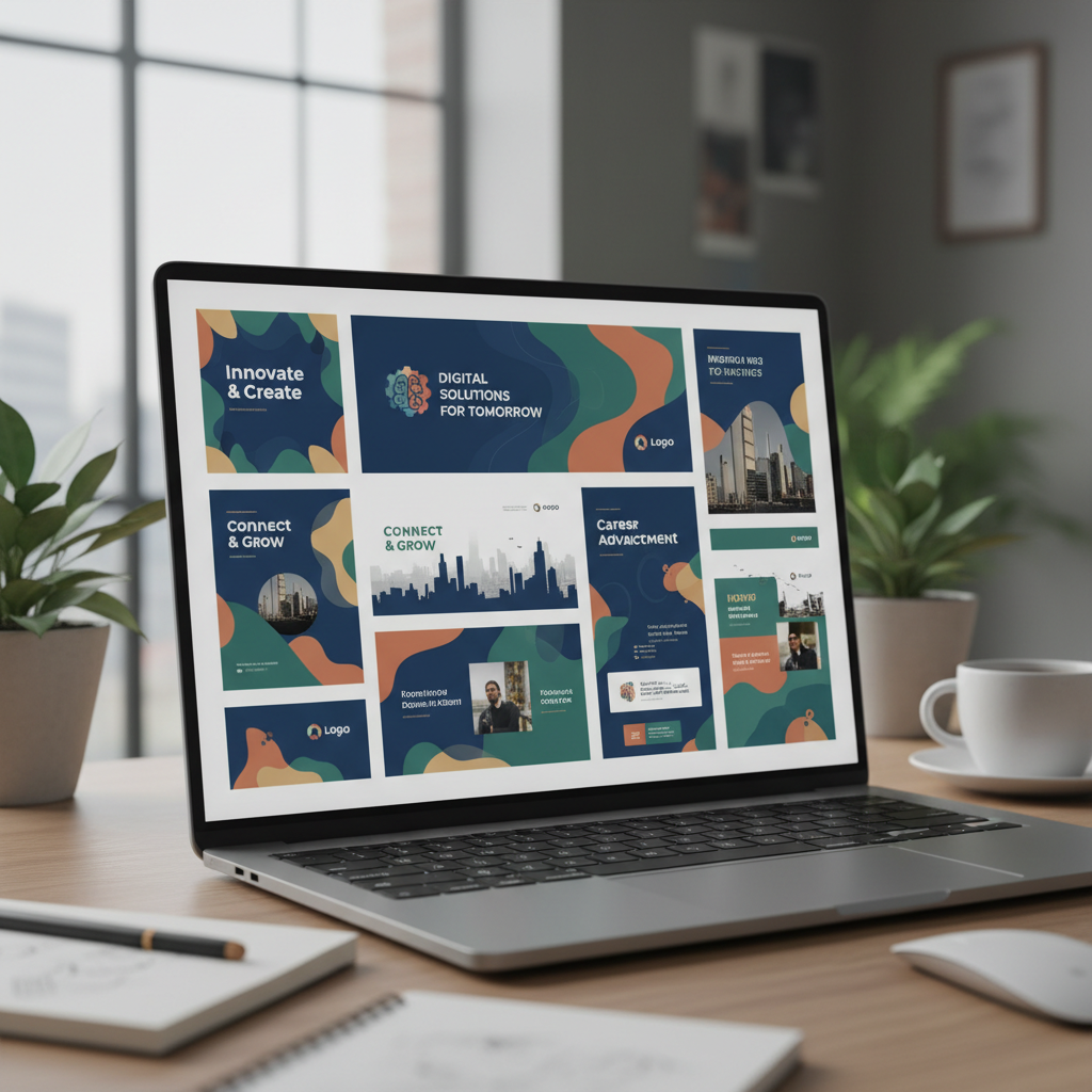 Laptop displaying grid of 10 professionally designed social media graphics for Instagram Facebook LinkedIn