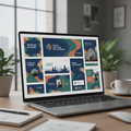Laptop displaying grid of 10 professionally designed social media graphics for Instagram Facebook LinkedIn