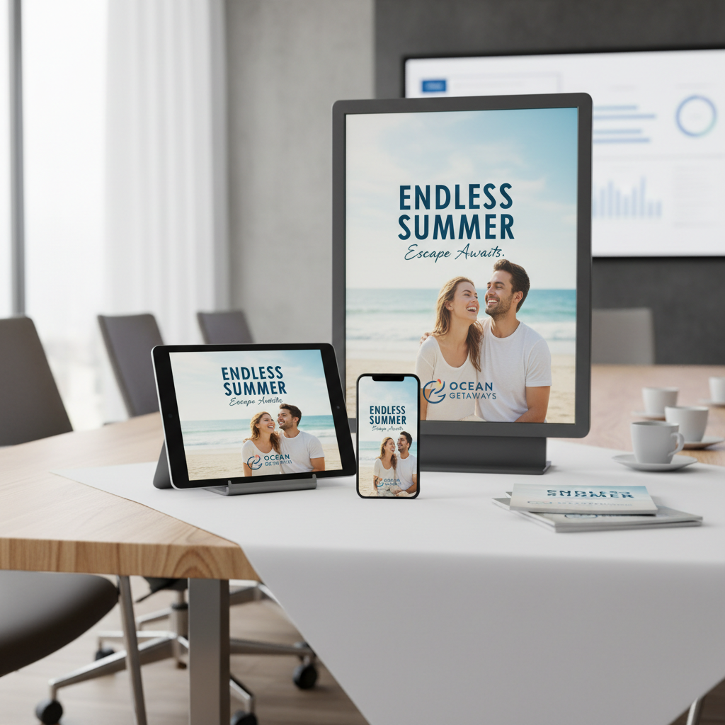 Tablet smartphone and billboard mockup displaying unified campaign creative across all touchpoints