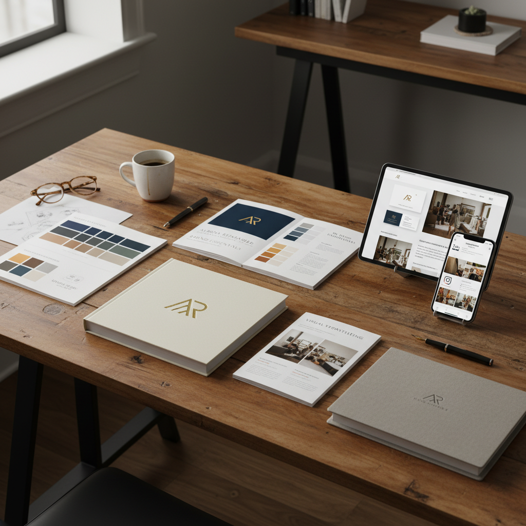 Brand book with logo variations color palette typography and brand guidelines on creative director desk