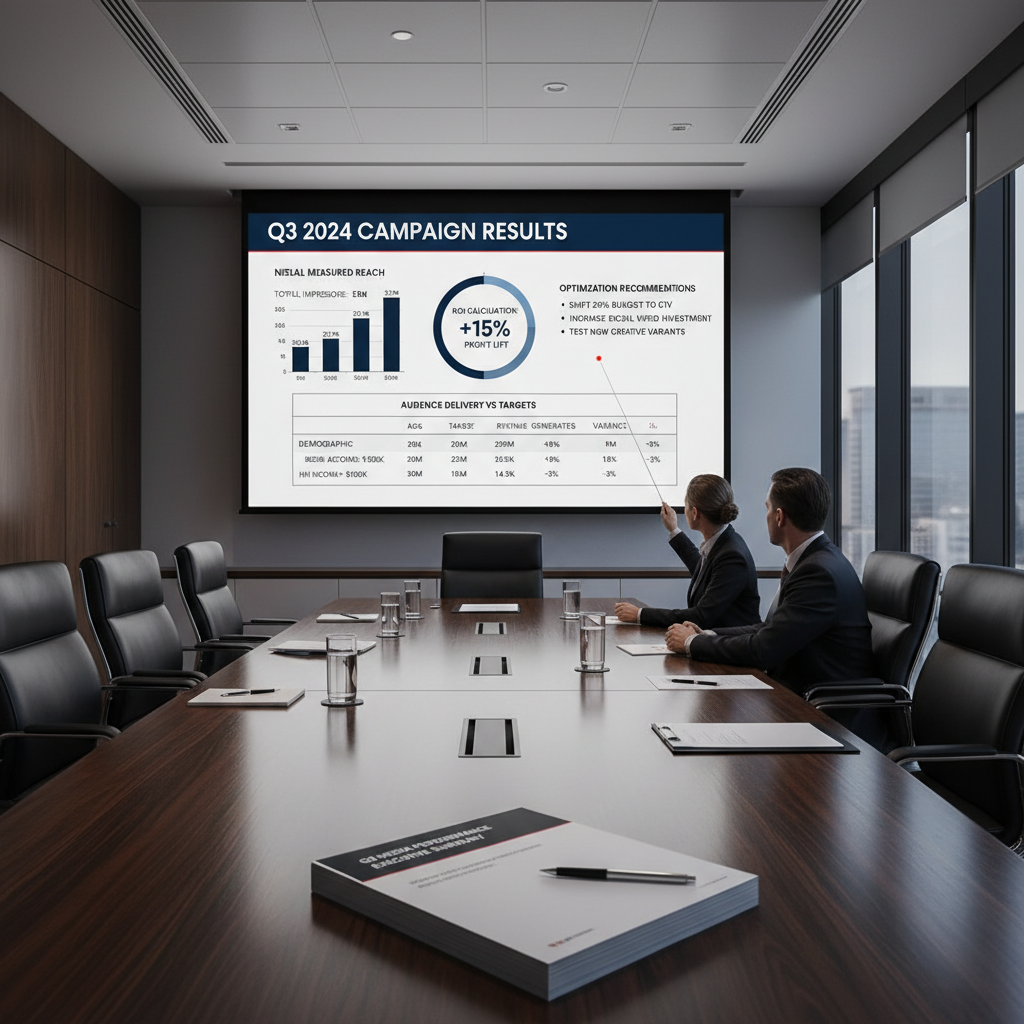 Quarterly media performance review with Nielsen reach ROI calculations and optimization recommendations on boardroom screen