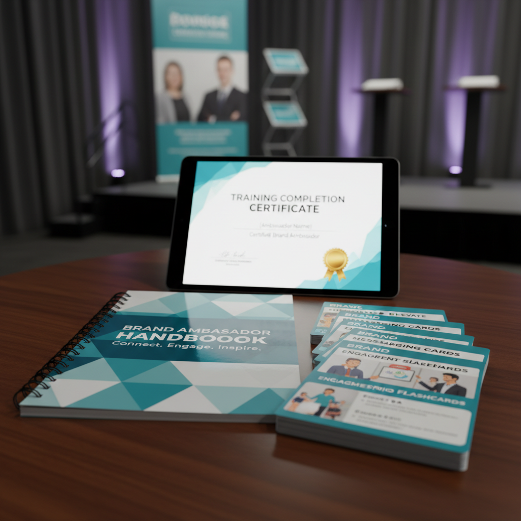 Brand ambassador training kit with handbook messaging cards scenario flashcards and completion certificate on tablet