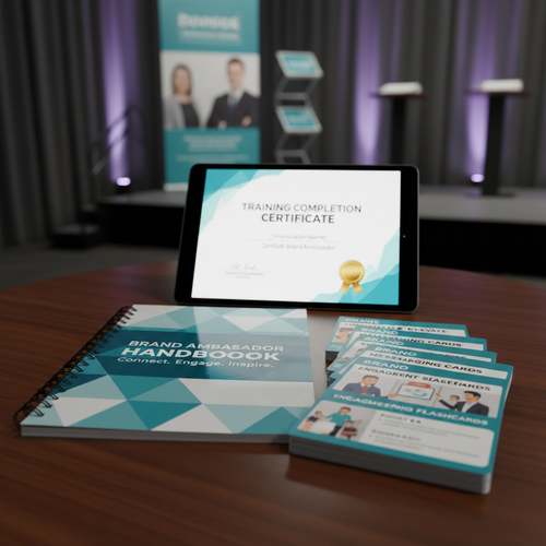Brand ambassador training kit with handbook messaging cards scenario flashcards and completion certificate on tablet