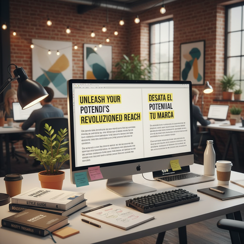 Copywriter desk with split-screen monitor showing English and Spanish marketing copy side by side