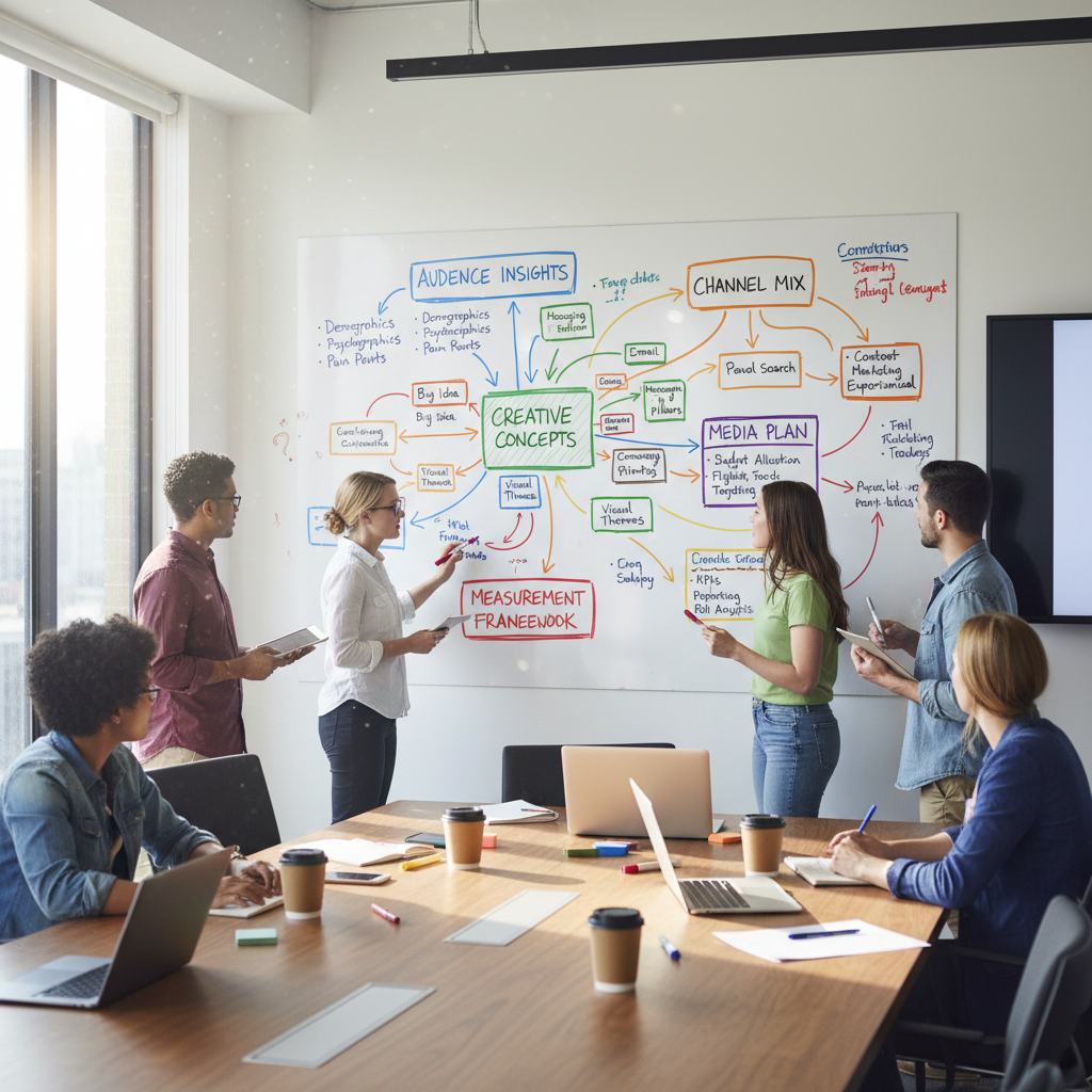 Agency conference room whiteboard with colorful campaign strategy flowchart