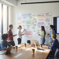 Agency conference room whiteboard with colorful campaign strategy flowchart
