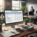 Media planner desk with budget allocation spreadsheet across TV radio digital social outdoor and print channels