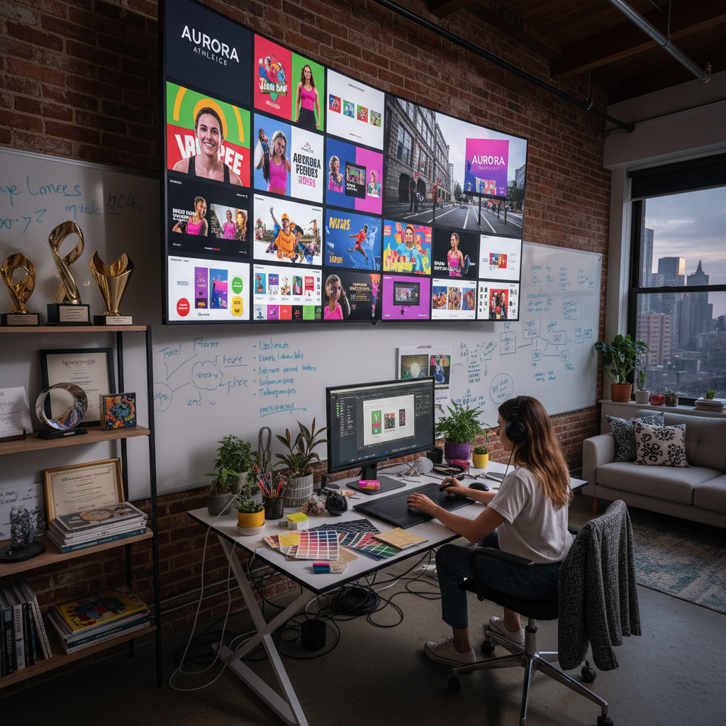 Creative agency production setup with campaign storyboard and multiple creative assets on large monitor