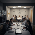 Focus group facility with one-way mirror observation room researchers and moderator facilitating group discussion