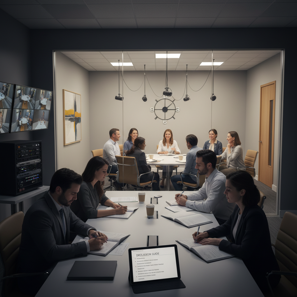 Focus group facility with one-way mirror observation room researchers and moderator facilitating group discussion