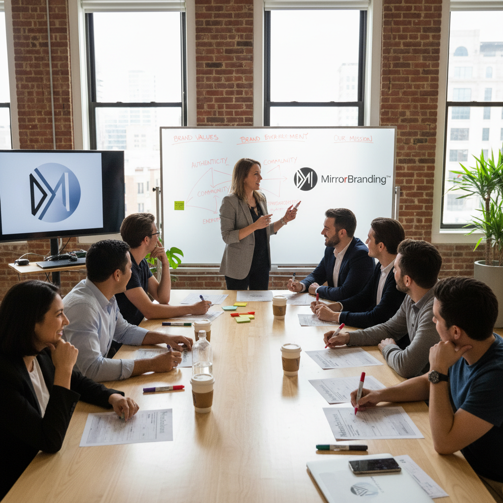 Facilitated brand workshop with professionals around conference table with MirrorBranding worksheets