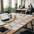 Creative strategist desk with audience persona cards and demographic research dashboard
