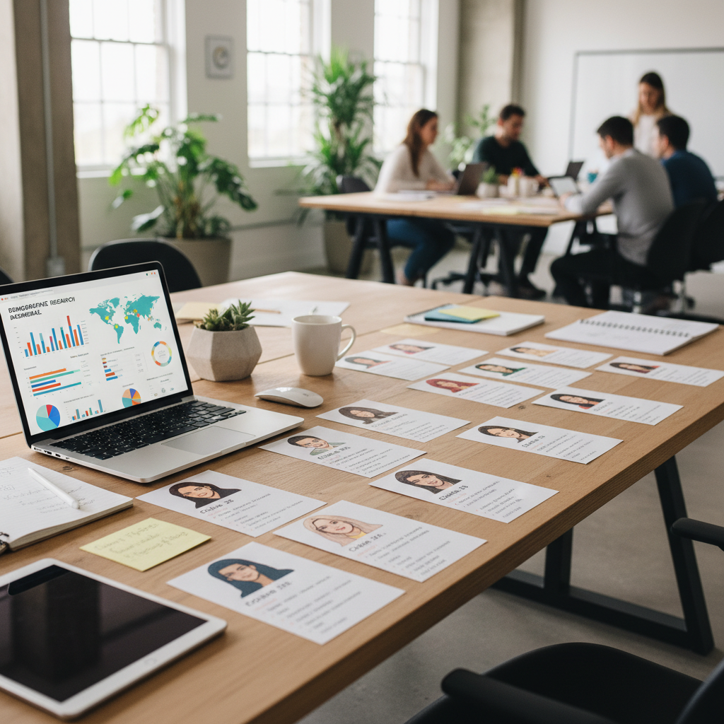 Creative strategist desk with audience persona cards and demographic research dashboard