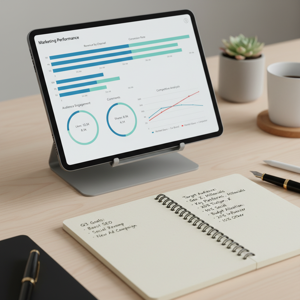 Tablet showing marketing performance dashboard with analytics