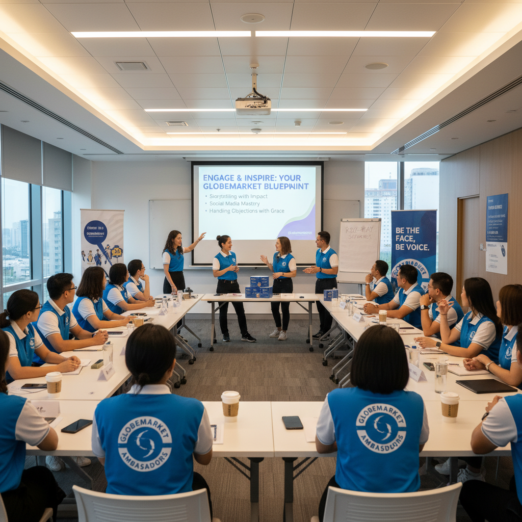 Brand ambassador training session with diverse group in branded attire and trainer presenting engagement techniques