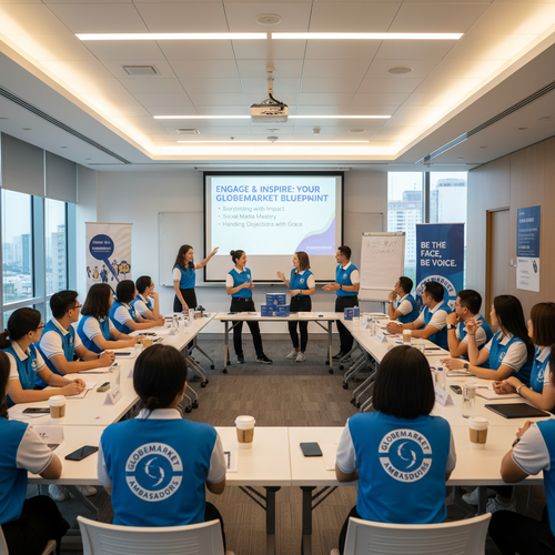 Brand ambassador training session with diverse group in branded attire and trainer presenting engagement techniques