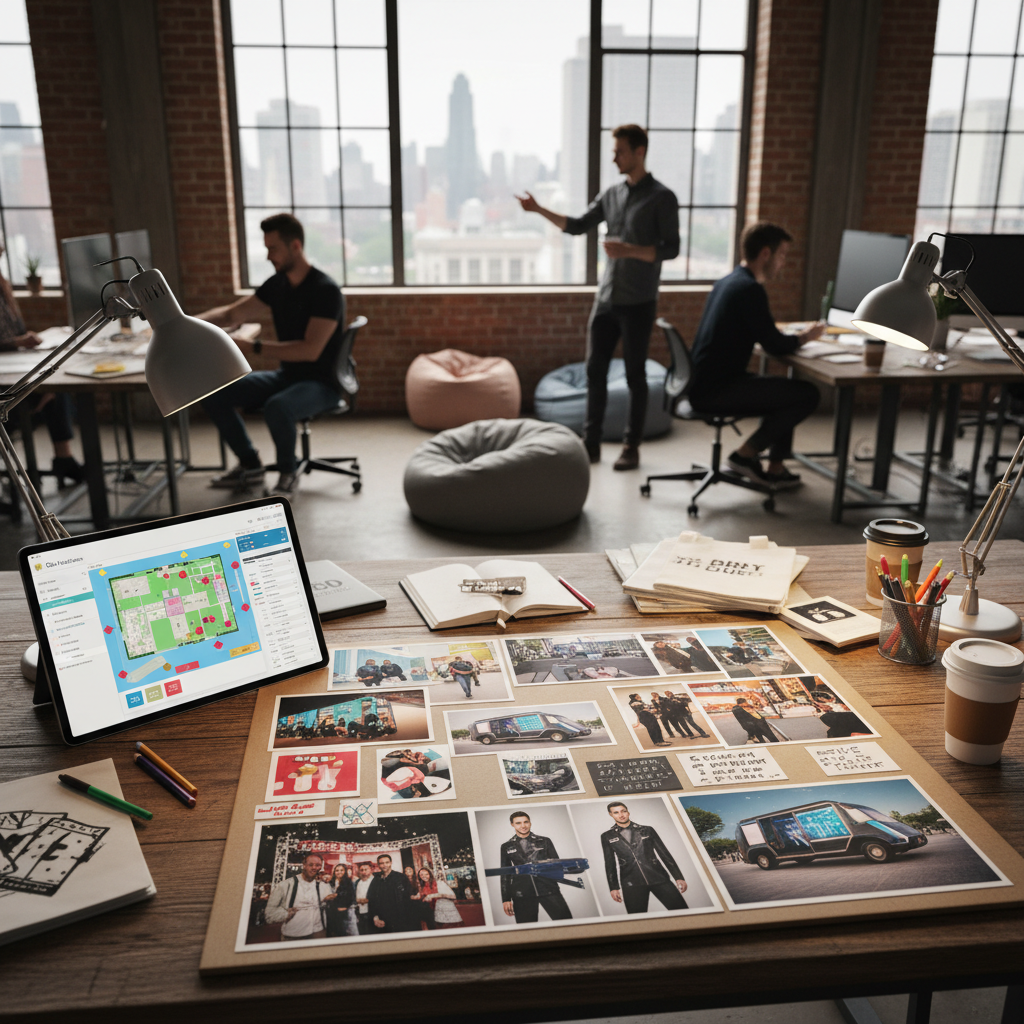 Experiential marketing planning desk with event concept board showing interactive displays brand ambassadors and digital truck renderings